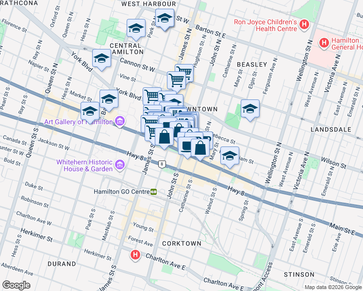 map of restaurants, bars, coffee shops, grocery stores, and more near 27 John Street North in Hamilton