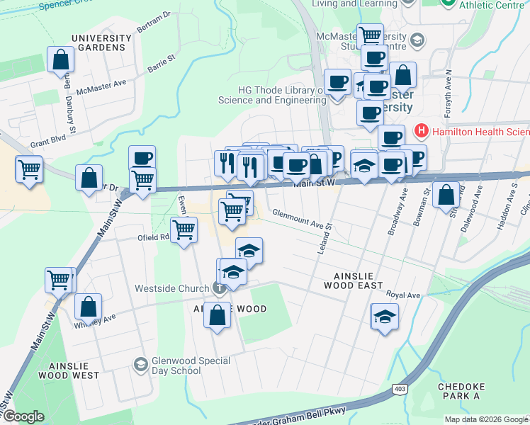 map of restaurants, bars, coffee shops, grocery stores, and more near 40 Kingsmount Street South in Hamilton