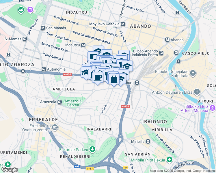 map of restaurants, bars, coffee shops, grocery stores, and more near 48 Concha Jeneralaren Kalea in Bilbao