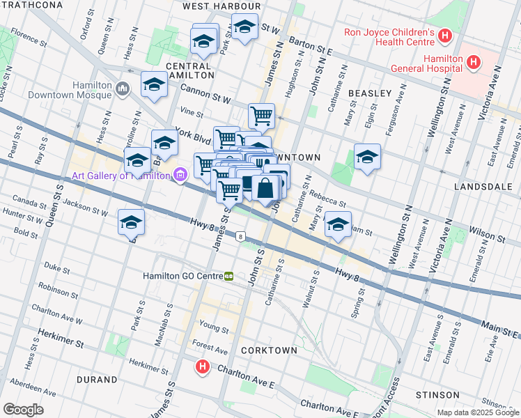map of restaurants, bars, coffee shops, grocery stores, and more near 61 King Street East in Hamilton