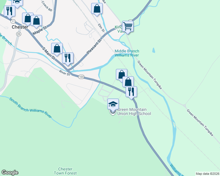 map of restaurants, bars, coffee shops, grocery stores, and more near 433 Vermont 103 in Chester