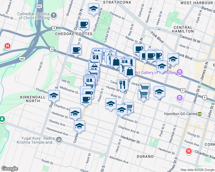 map of restaurants, bars, coffee shops, grocery stores, and more near 286 Hunter Street West in Hamilton
