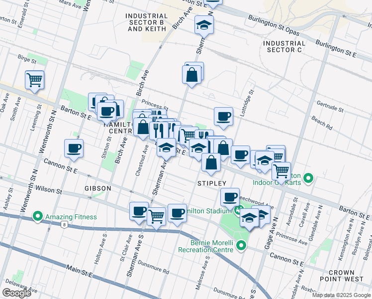 map of restaurants, bars, coffee shops, grocery stores, and more near 707 Barton Street East in Hamilton