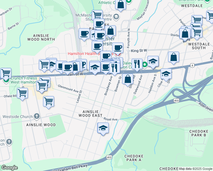 map of restaurants, bars, coffee shops, grocery stores, and more near 50 Broadway Avenue in Hamilton