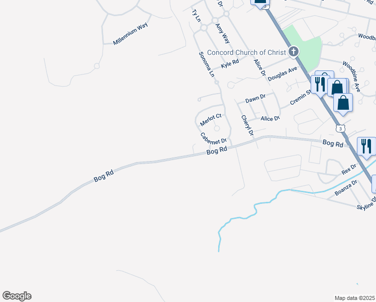 map of restaurants, bars, coffee shops, grocery stores, and more near 92 Bog Road in Concord