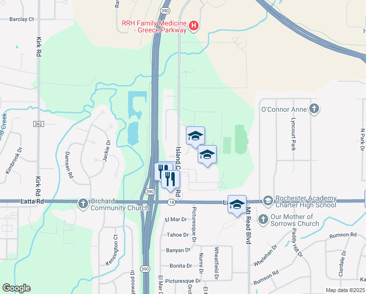 map of restaurants, bars, coffee shops, grocery stores, and more near 180 Island Cottage Road in Rochester
