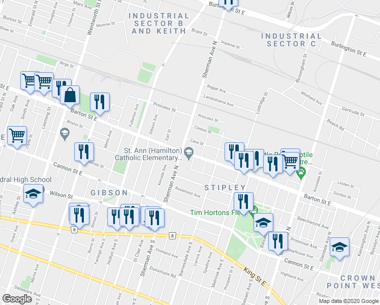 map of restaurants, bars, coffee shops, grocery stores, and more near 689 Barton Street East in Hamilton