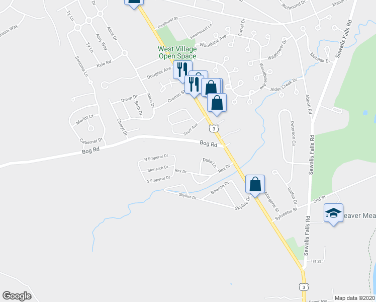 map of restaurants, bars, coffee shops, grocery stores, and more near 17-29 Bog Road in Concord