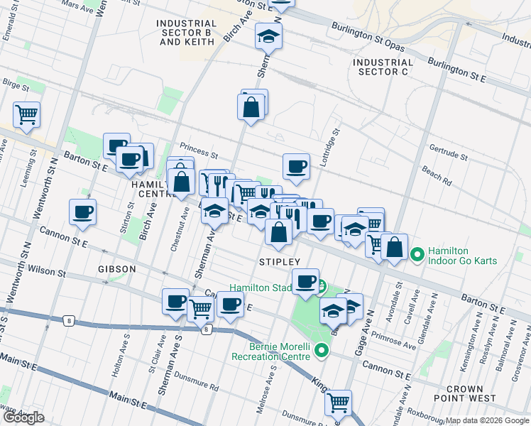map of restaurants, bars, coffee shops, grocery stores, and more near 145 Barnesdale Avenue North in Hamilton