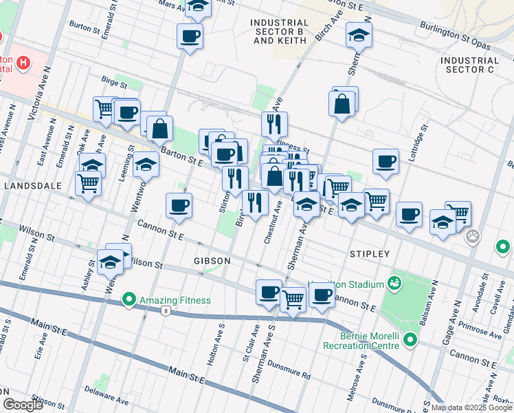map of restaurants, bars, coffee shops, grocery stores, and more near in Hamilton