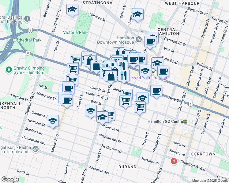 map of restaurants, bars, coffee shops, grocery stores, and more near in Hamilton