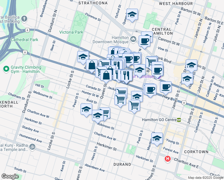 map of restaurants, bars, coffee shops, grocery stores, and more near 201 Jackson Street West in Hamilton