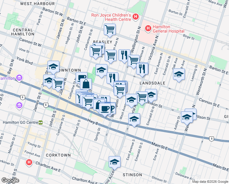 map of restaurants, bars, coffee shops, grocery stores, and more near 206 Wilson Street in Hamilton