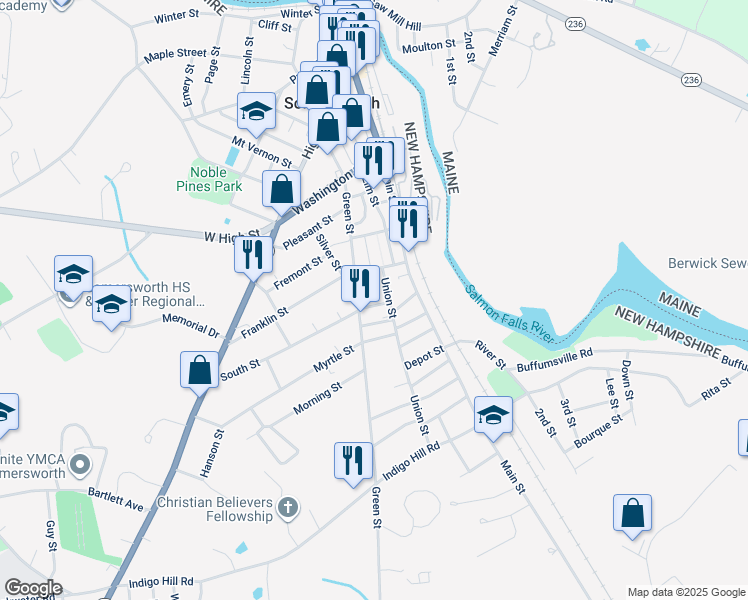map of restaurants, bars, coffee shops, grocery stores, and more near 3 Union Street in Somersworth