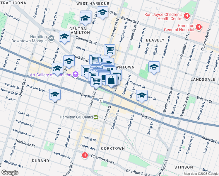 map of restaurants, bars, coffee shops, grocery stores, and more near 61 King Street East in Hamilton