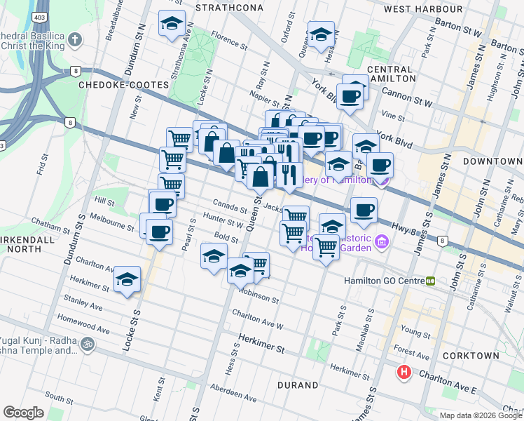 map of restaurants, bars, coffee shops, grocery stores, and more near in Hamilton