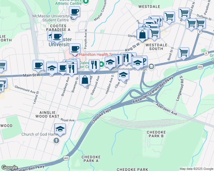 map of restaurants, bars, coffee shops, grocery stores, and more near 136 Haddon Avenue South in Hamilton
