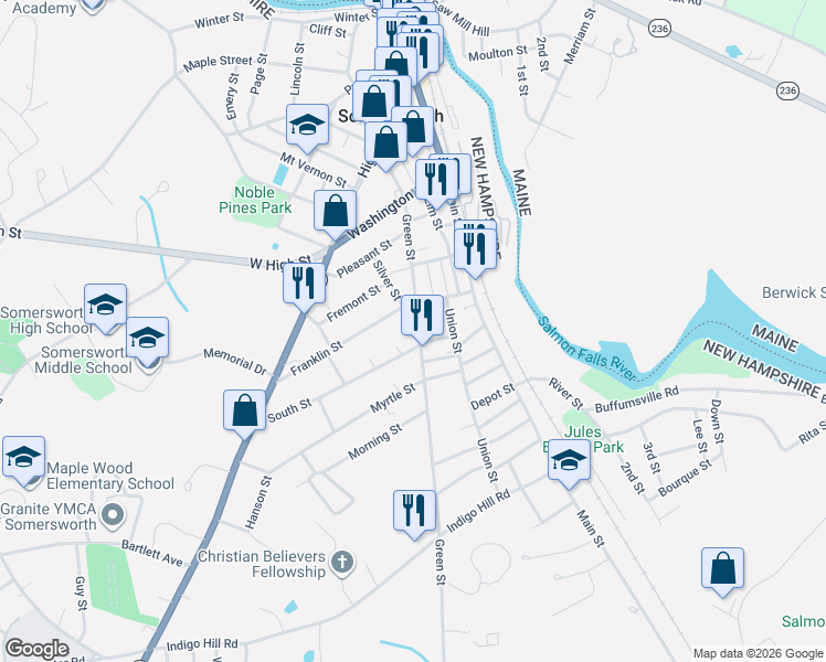 map of restaurants, bars, coffee shops, grocery stores, and more near 42 Franklin Street in Somersworth