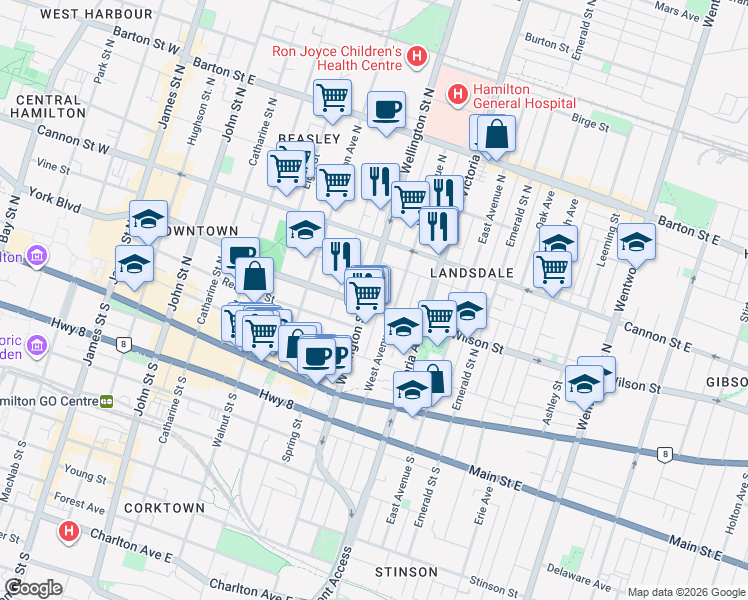 map of restaurants, bars, coffee shops, grocery stores, and more near in Hamilton