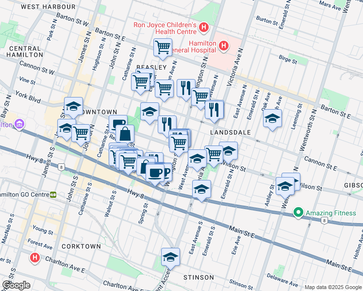 map of restaurants, bars, coffee shops, grocery stores, and more near in Hamilton