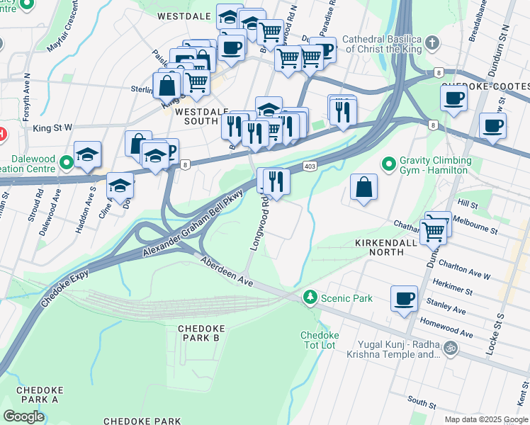 map of restaurants, bars, coffee shops, grocery stores, and more near in Hamilton