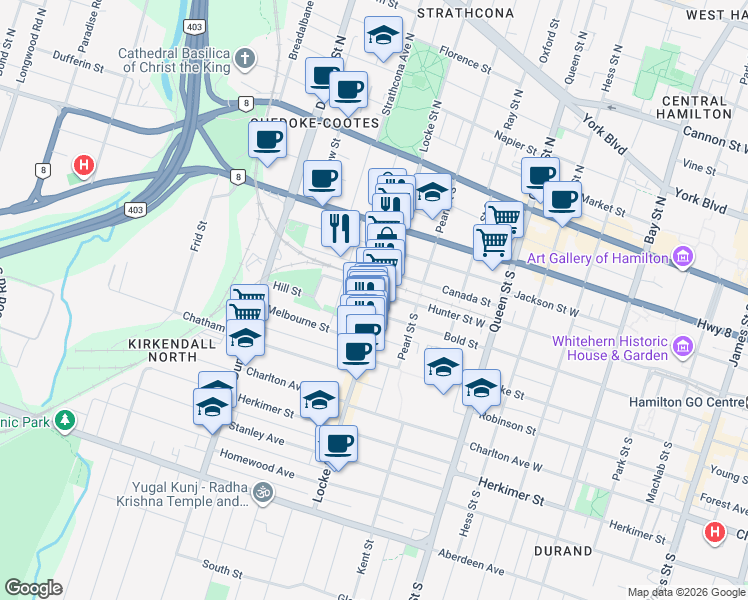 map of restaurants, bars, coffee shops, grocery stores, and more near 144 Locke Street South in Hamilton