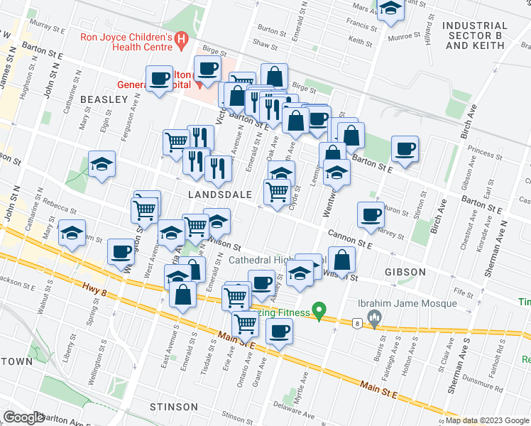 map of restaurants, bars, coffee shops, grocery stores, and more near 382 Cannon Street East in Hamilton
