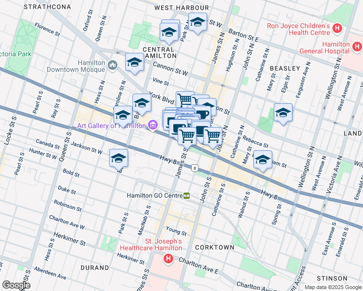 map of restaurants, bars, coffee shops, grocery stores, and more near 28 James Street North in Hamilton