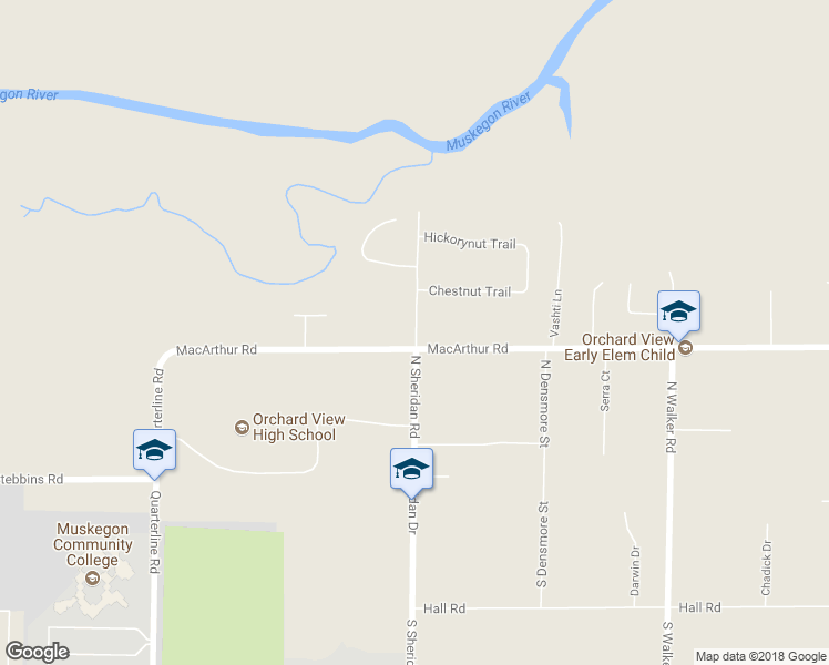 map of restaurants, bars, coffee shops, grocery stores, and more near 247 North Sheridan Road in Muskegon