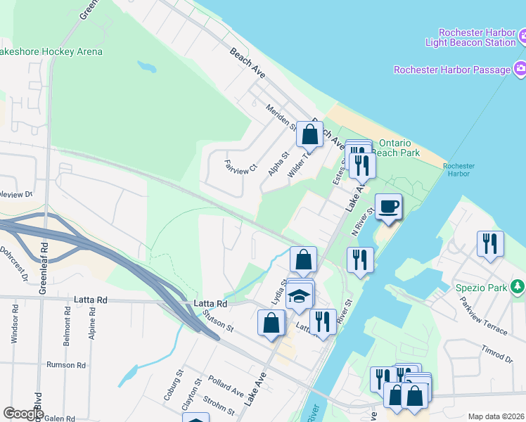 map of restaurants, bars, coffee shops, grocery stores, and more near 155 Lakeland Avenue in Rochester