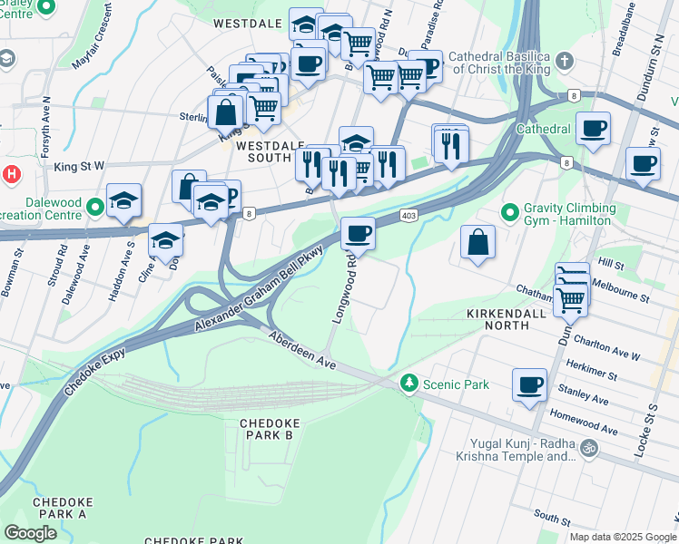 map of restaurants, bars, coffee shops, grocery stores, and more near in Hamilton