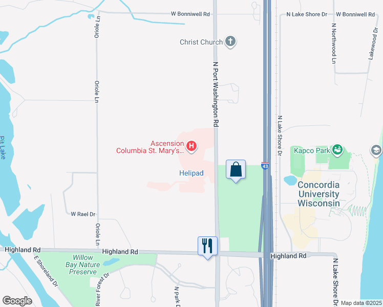 map of restaurants, bars, coffee shops, grocery stores, and more near 13111 North Port Washington Road in Mequon
