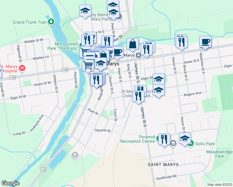 map of restaurants, bars, coffee shops, grocery stores, and more near 189 Elizabeth Street in Saint Marys