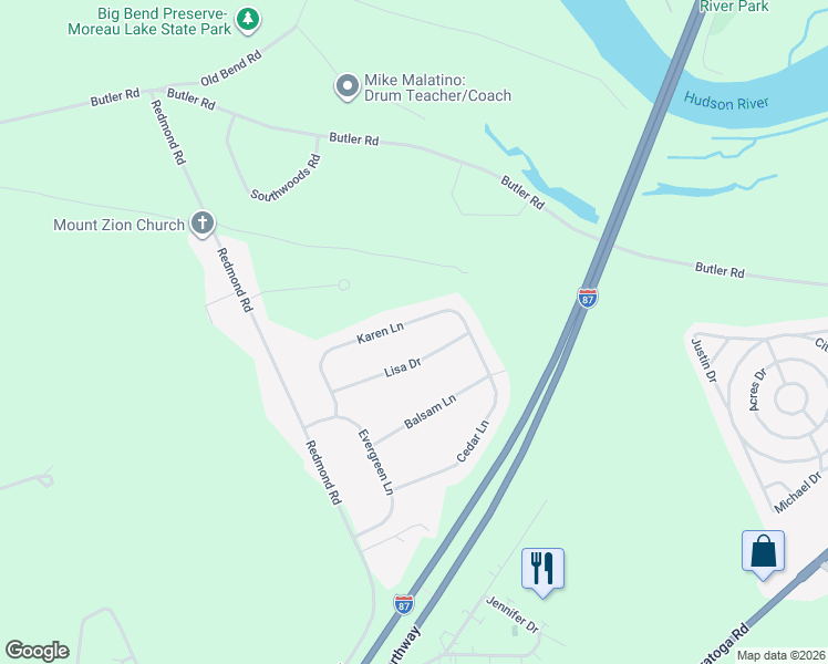 map of restaurants, bars, coffee shops, grocery stores, and more near 121 Karen Lane in Gansevoort