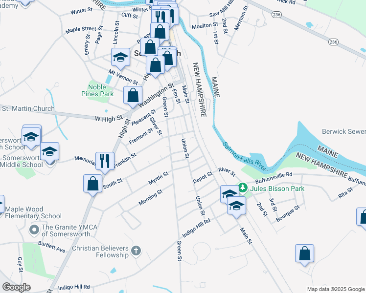 map of restaurants, bars, coffee shops, grocery stores, and more near 19 Union Street in Somersworth