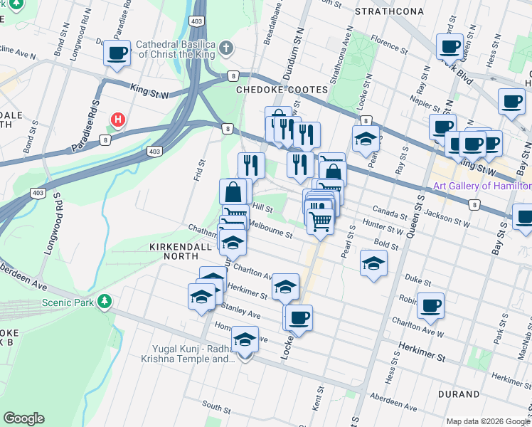 map of restaurants, bars, coffee shops, grocery stores, and more near 24 Hill Street in Hamilton