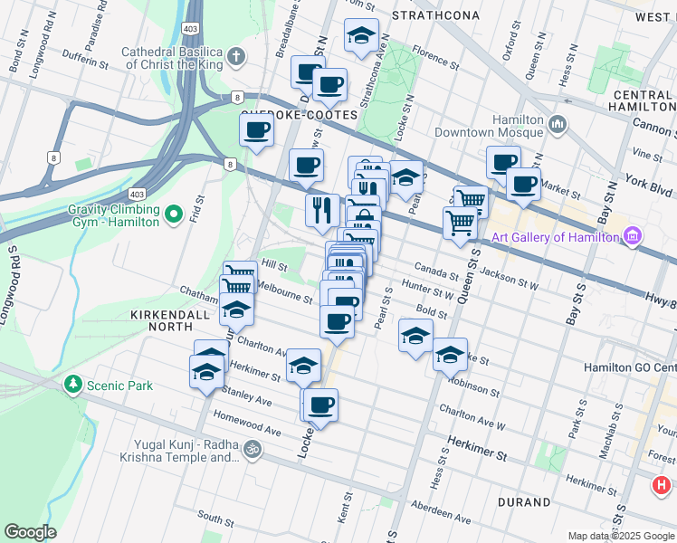map of restaurants, bars, coffee shops, grocery stores, and more near 357 Hunter Street West in Hamilton