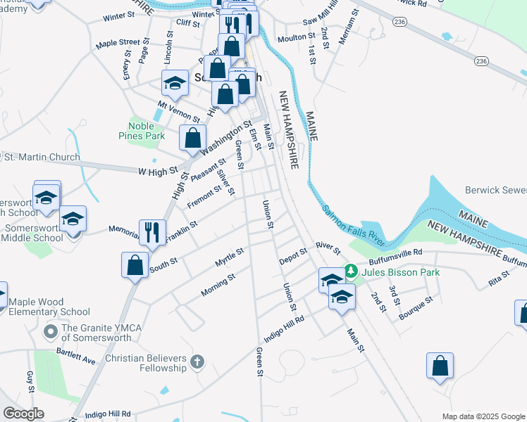 map of restaurants, bars, coffee shops, grocery stores, and more near 21 Union Street in Somersworth