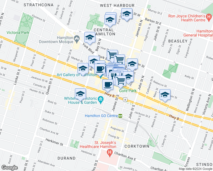 map of restaurants, bars, coffee shops, grocery stores, and more near 73 King Street West in Hamilton