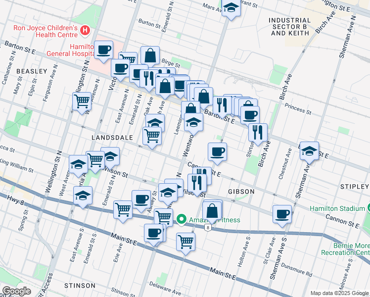 map of restaurants, bars, coffee shops, grocery stores, and more near 139 Wentworth Street North in Hamilton