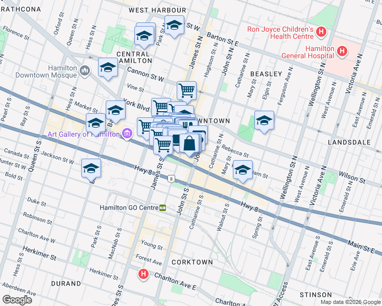 map of restaurants, bars, coffee shops, grocery stores, and more near 60 King William Street in Hamilton