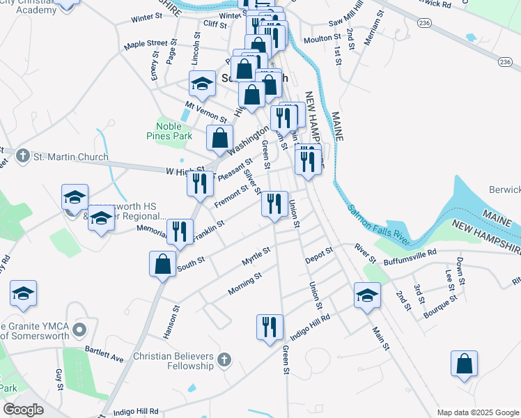 map of restaurants, bars, coffee shops, grocery stores, and more near 48 Franklin Street in Somersworth