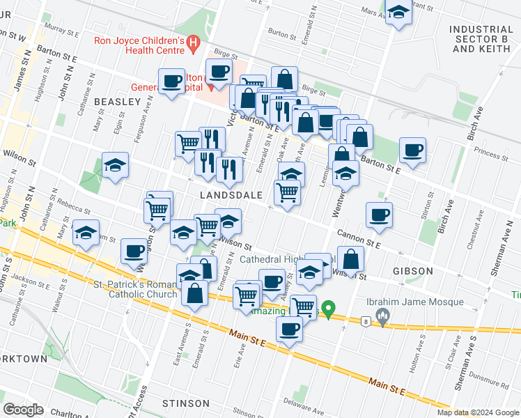 map of restaurants, bars, coffee shops, grocery stores, and more near in Hamilton
