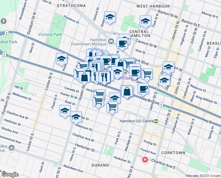map of restaurants, bars, coffee shops, grocery stores, and more near 149 Main Street West in Hamilton
