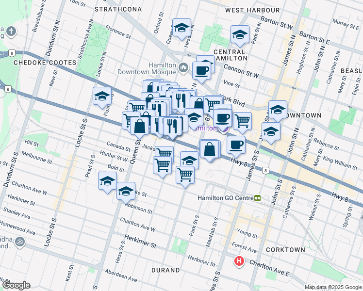 map of restaurants, bars, coffee shops, grocery stores, and more near in Hamilton