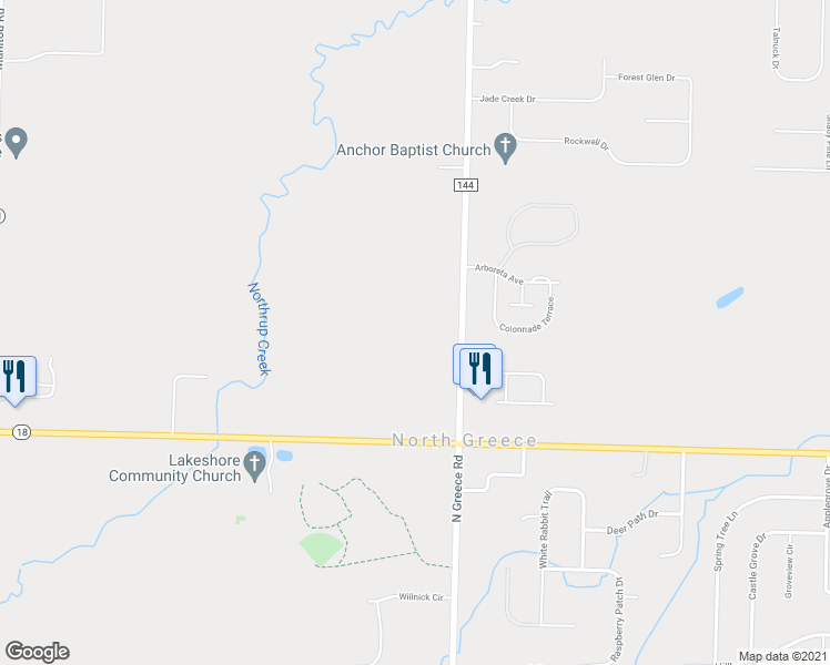 map of restaurants, bars, coffee shops, grocery stores, and more near 615 North Greece Road in Hilton