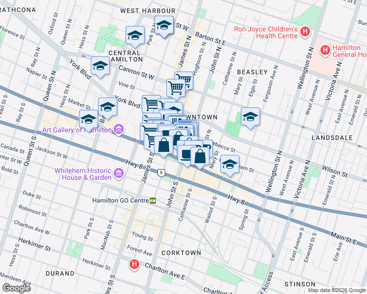 map of restaurants, bars, coffee shops, grocery stores, and more near 27 John Street North in Hamilton