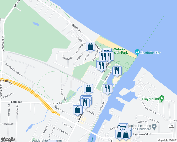 map of restaurants, bars, coffee shops, grocery stores, and more near 61 Fleming Street in Rochester