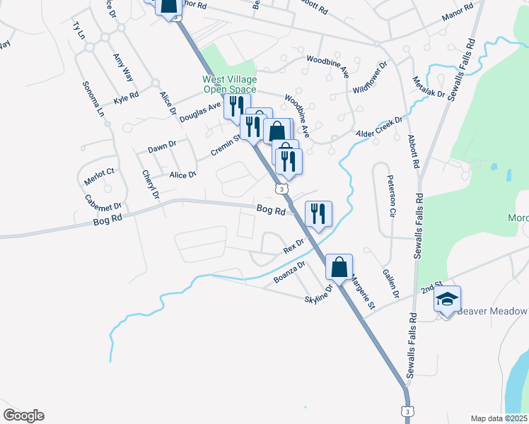 map of restaurants, bars, coffee shops, grocery stores, and more near 17-29 Bog Road in Concord