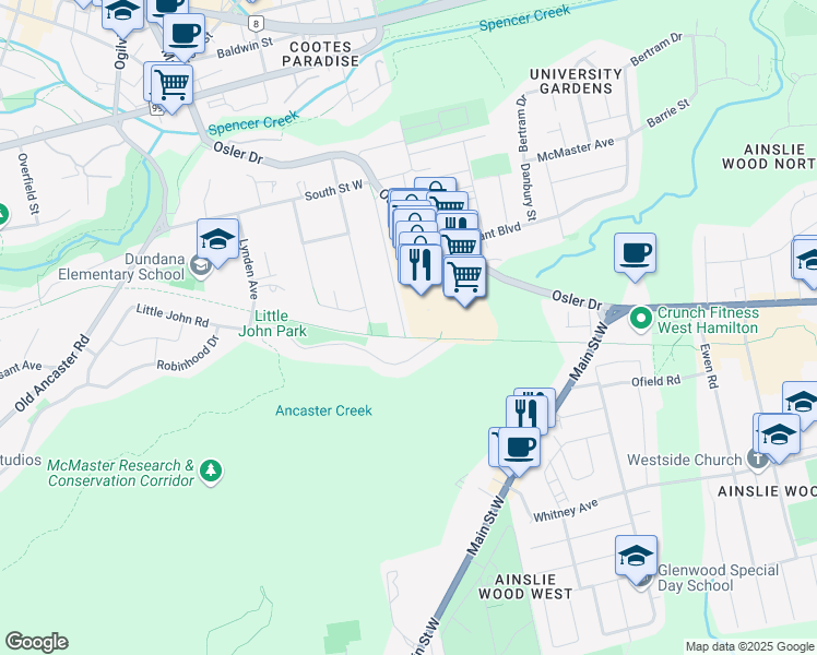 map of restaurants, bars, coffee shops, grocery stores, and more near 57 Tweedsmuir Avenue in Hamilton
